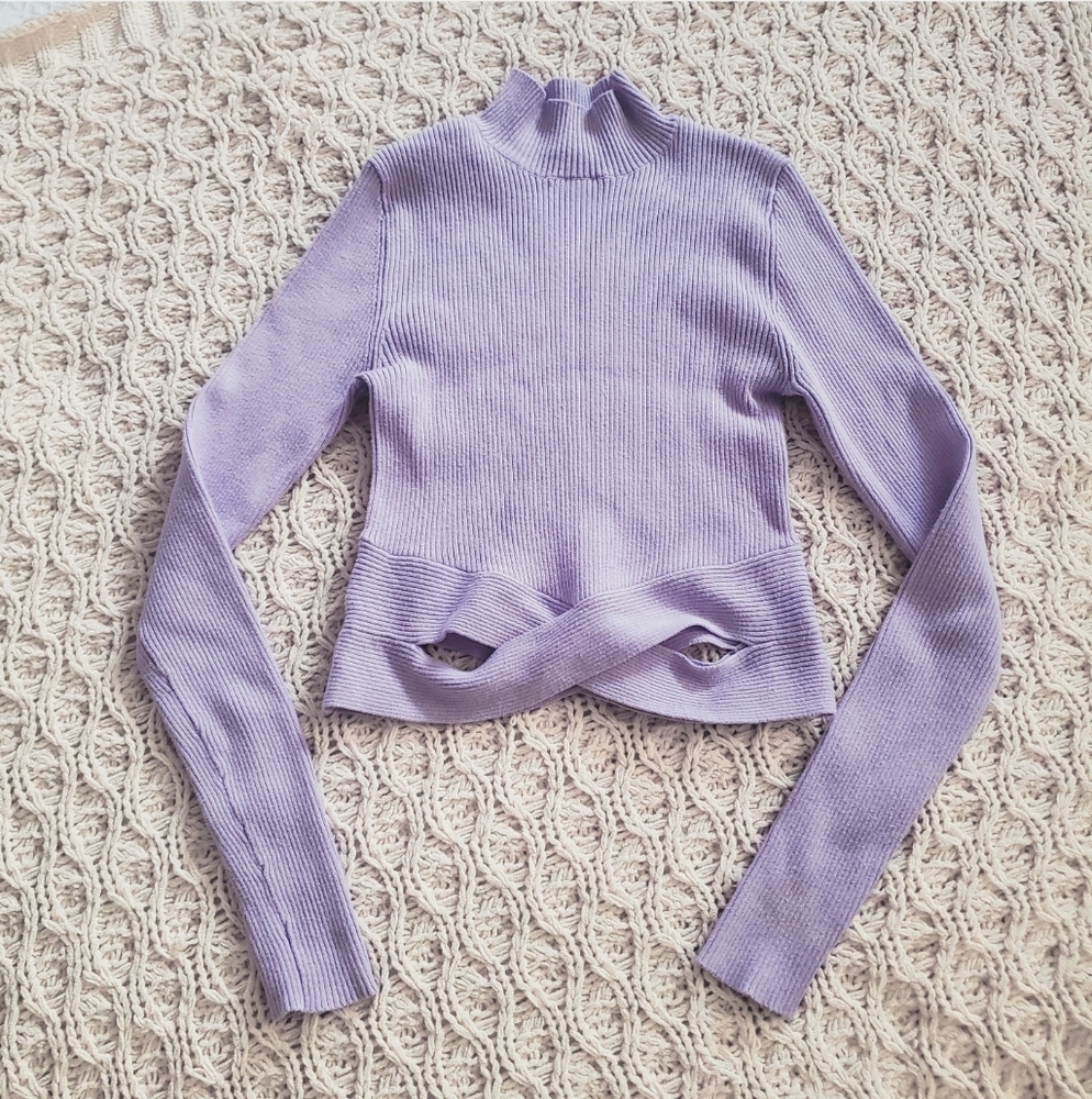 Lavender Ribbed Criss Cross Cutout Mock Knit Top- XS Fit